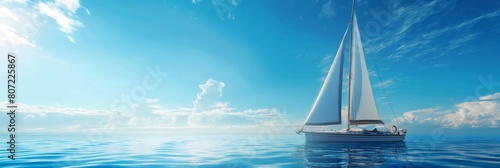 Serene panoramic image of a white sailboat gliding over calm blue ocean waters under a clear sky with fluffy clouds photo