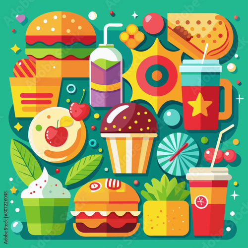 Stylized food and beverage backgrounds with bright, appealing colors for restaurant menus or food blogs.