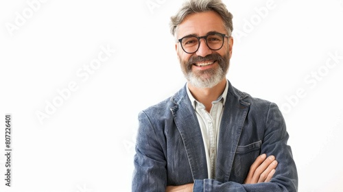 Freestyle. Mature businessman standing isolated on white smiling cheerful close-up hyper realistic 