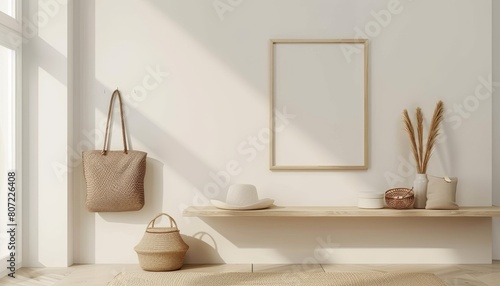 Minimalistic Korean living room with white poster frame elegant accessories wooden shelf and hanging rattan bag and hat Bright and stylish home decor template photo