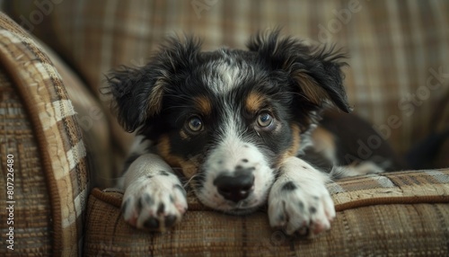 Mischievous puppy exhausted from chewing couch tired from labor photo