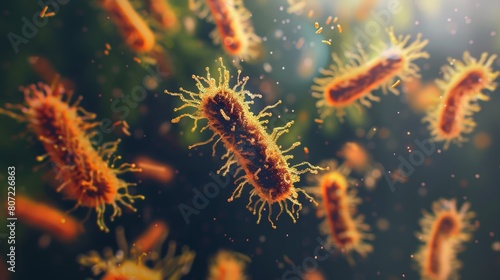 Dynamic orange bacteria with filamentous extensions on a dark background