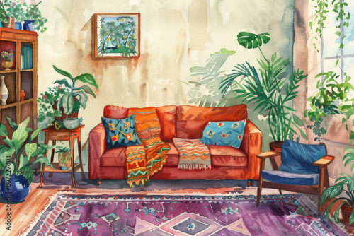 Vintage interior with mid century furniture, Interior Decor. Watercolor illustration.