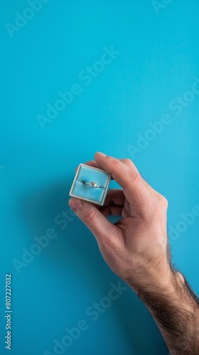 Portrait of a smiling man in a turquoise shirt presenting an engagement ring in a box