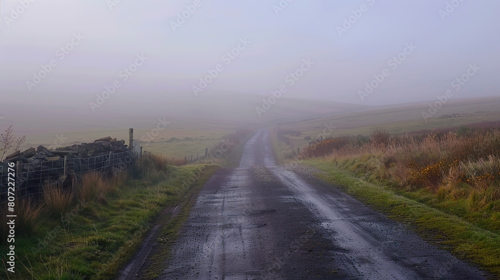 A road leading to a mysterious destination, with fog obscuring the view ahead, adding an element of intrigue and uncertainty. A road leading to a mysterious destination, with fog obscuring the view ahead, adding an element of intrigue and uncertainty.
