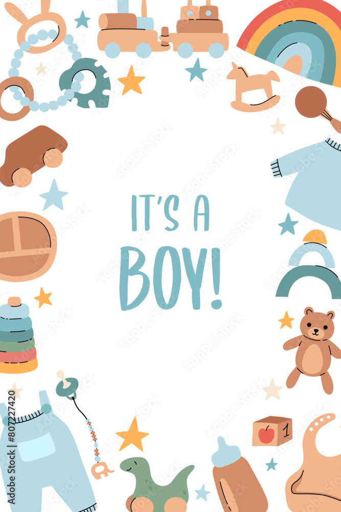 Fototapeta premium Baby shower invitation with boho baby objects. It's boy. Cartoon doodle kids clipart. Vector illustration.