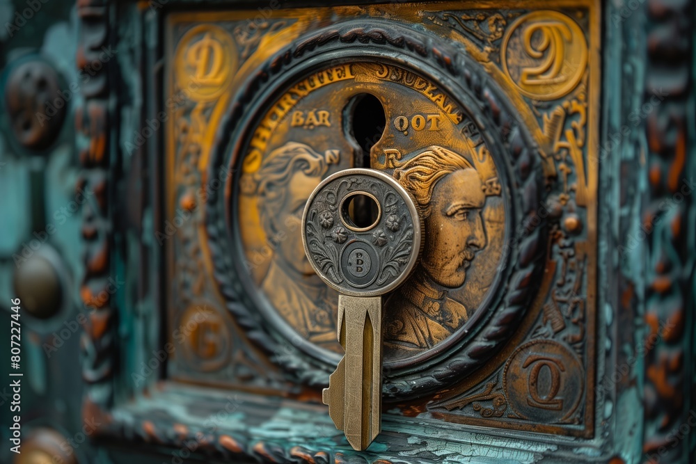 A key inserted into a keyhole on a door engraved with symbols of various currencies. The key symbolizes access to success and wealth in business A key inserted into a keyhole on a door engraved with symbols of various currencies. The key symbolizes access to success and wealth in business