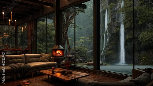 Villa living room with sparkling lights and a small warm fireplace, view of flowing waterfalls, majestic mountains and relaxing sound of falling rain. photo