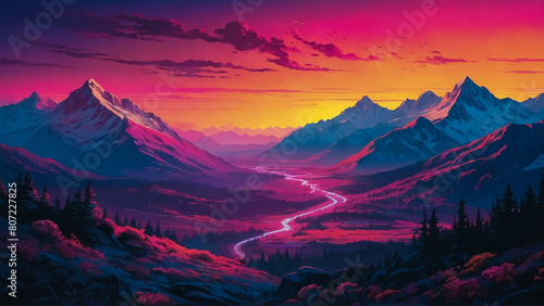 Sad beautiful artwork with pink clouds and mountains.Anime, manga landscape at dusk 