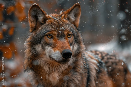 Portrait of a wolf in the forest during a snowfall