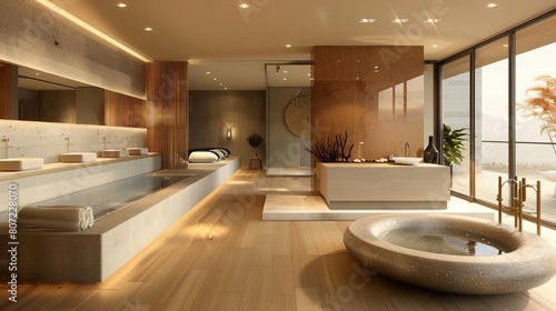 Design a modern bathroom with a large soaking tub  a separate shower  and a double vanity