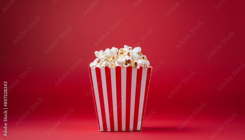 Red background with striped box and popcorn Square format