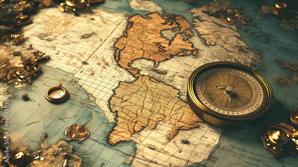 background with antique clock old compass and map retro vintage antique ...