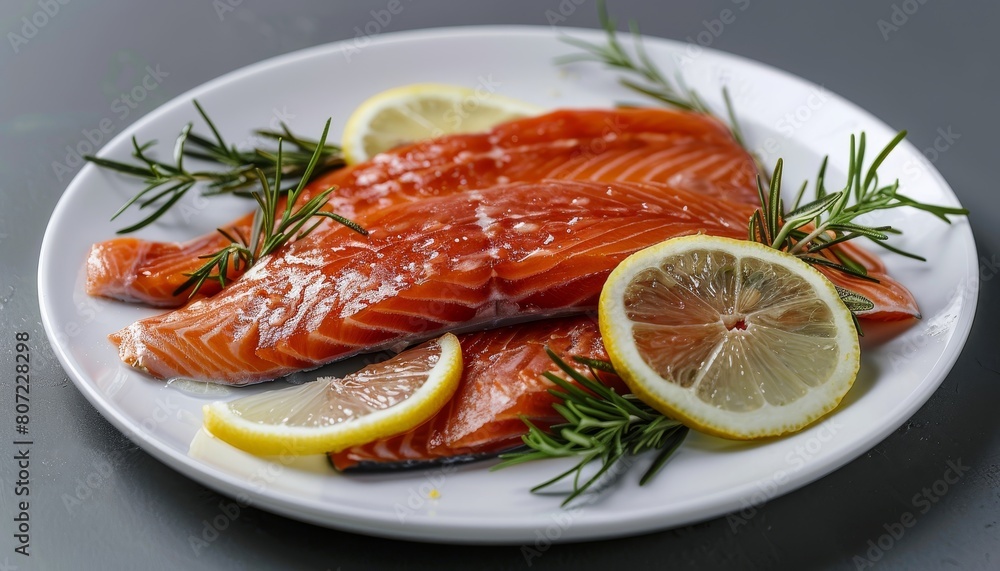 Red fish fillet served with lemon and rosemary on a plate Red fish fillet served with lemon and rosemary on a plate
