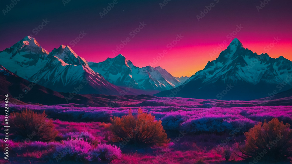 Sad beautiful artwork with pink clouds and mountains.Anime, manga landscape at dusk
