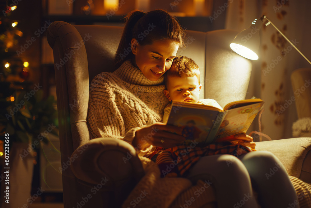A parent or grandparent sitting in a comfortable chair, reading a book to a child nestled in their lap. AI generative A parent or grandparent sitting in a comfortable chair, reading a book to a child nestled in their lap. AI generative