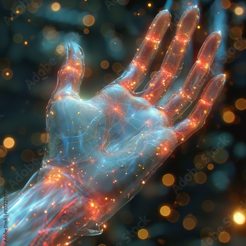 A human hand glowing from within on a dark background.