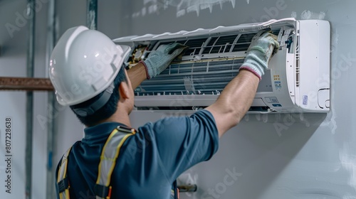 Skilled Technician. Installing an Air Conditioner on the Wall with Precision and Care