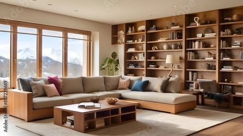  Spacious and light-filled living area with abundant windows and wooden bookcases.