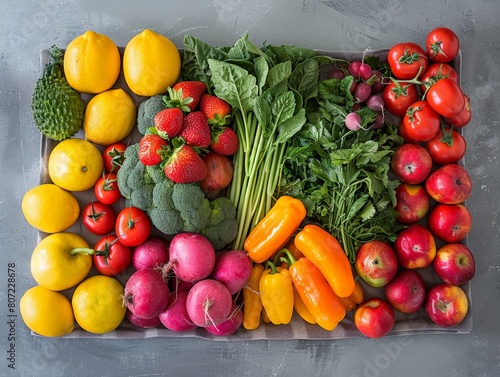 A close-up photo of colorful fruits and vegetables arranged on a rustic wooden table.
