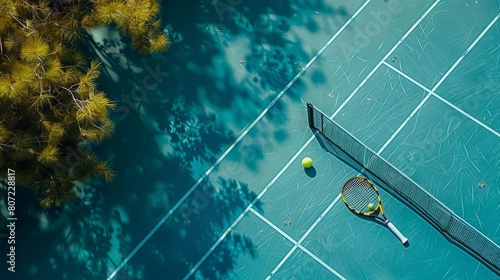 Top View of the Tennis Court with White Lines  Racket  and Yellow Ball on a Sunny Day