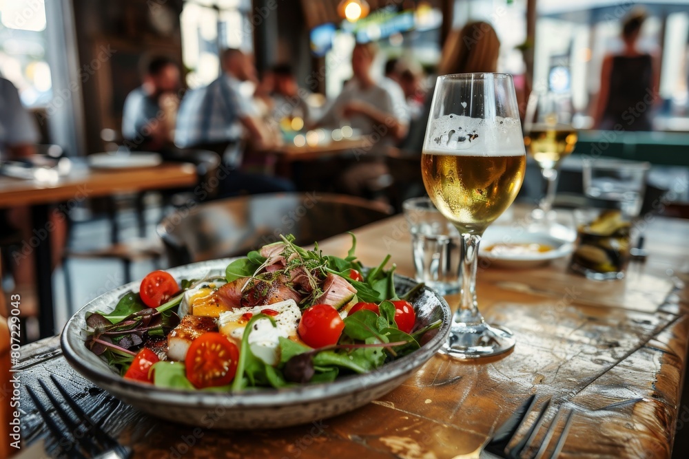Nicoise or Tuna Salad with draft beer Dining in Amsterdam Background of people eating Located in Europe Nicoise or Tuna Salad with draft beer Dining in Amsterdam Background of people eating Located in Europe