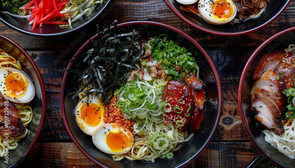Noodle bowls with spicy ramen pork chicken egg veggies and seaweed salad