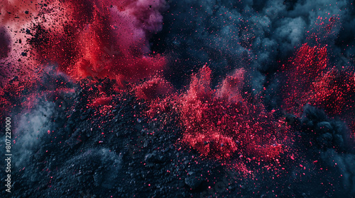 A dynamic eruption of crimson and black powder, evoking the raw power and mystery of a volcanic eruption at night, with each granule captured in stunning clarity. photo