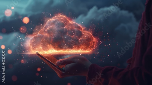 Person holding a tablet with a glowing cloud symbol above it, representing cloud data storage technology on a dark background. Generative AI hyper realistic  photo