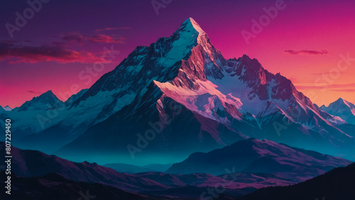 Sad beautiful artwork with pink clouds and mountains.Anime, manga landscape at dusk 
