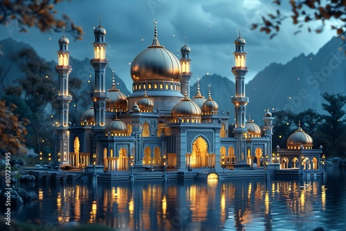 Mosque on the lake in the evening, render