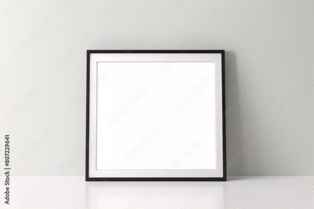 Minimales, leeres, quadratisches Bild mit weißem Rahmen, das auf einem weißen Wandhintergrund mit Fensterlicht und Schatten hängt. Bild isolieren Minimales, leeres, quadratisches Bild mit weißem Rahmen, das auf einem weißen Wandhintergrund mit Fensterlicht und Schatten hängt. Bild isolieren