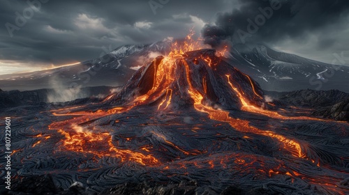 Erupting Volcano with Lava Flow