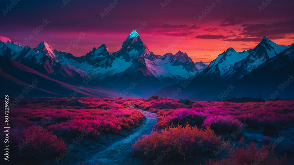 Sad beautiful artwork with pink clouds and mountains.Anime, manga landscape at dusk
