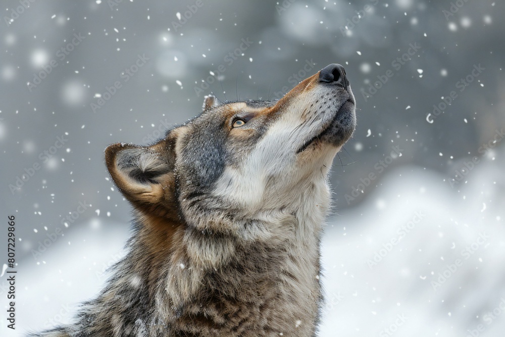 Portrait of a gray wolf howling on a snowy winter day