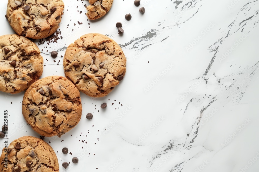 Overhead shot of chocolate chip cookies on white marble with text space Overhead shot of chocolate chip cookies on white marble with text space