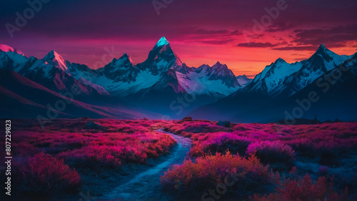Sad beautiful artwork with pink clouds and mountains.Anime  manga landscape at dusk 