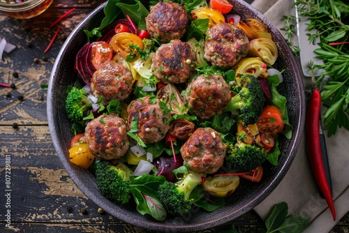 Overhead shot of bowl with Turkish meatballs salad with various veggies and greens photo