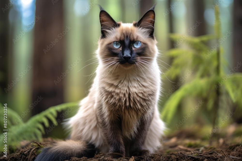 Close-up portrait photography of a curious balinese cat kneading with hind legs isolated in forest background Close-up portrait photography of a curious balinese cat kneading with hind legs isolated in forest background