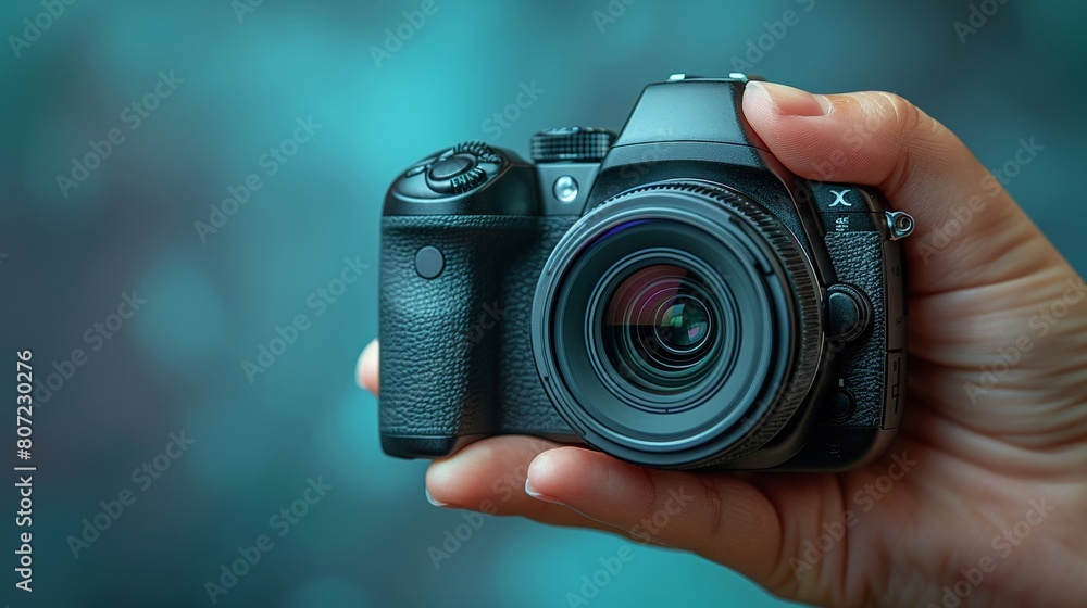 Hand holding a small digital camera isolated on a white background studio shot focused on the details