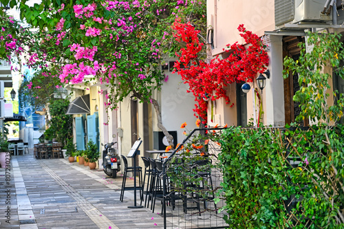 Fototapeta Naklejka Na Ścianę i Meble -  Old houses in the narrow streets of Nafplion town with Bougainvillea flowers