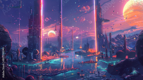 A dynamic scene of interdimensional travel, with sleek, neon-lit portals connecting diverse worlds, from underwater cities to desert planets with twin suns, all bustling with unseen life forms. #807230240