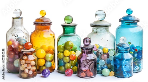 Vintage apothecary jars filled with colorful marbles, evoking a sense of nostalgia against a simple white background. © Khan