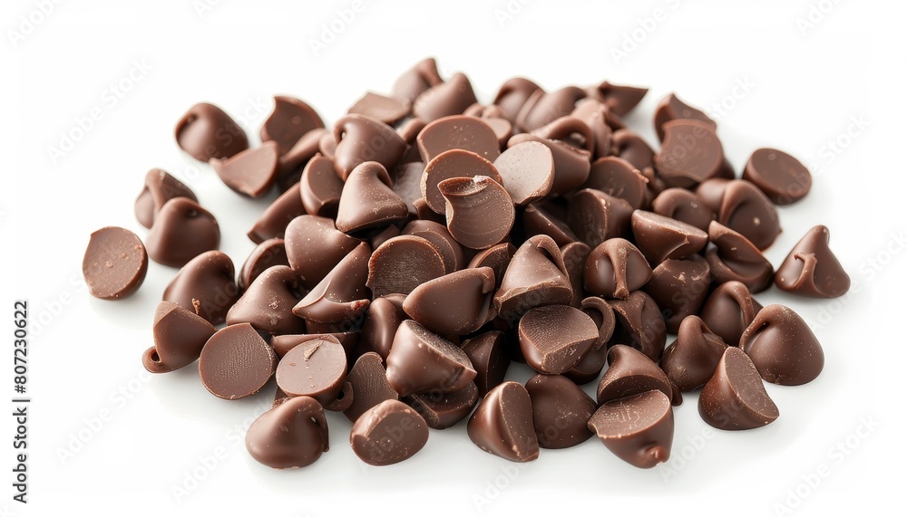 Packaged milk chocolate drops or chips on white background designed with clipping path Packaged milk chocolate drops or chips on white background designed with clipping path