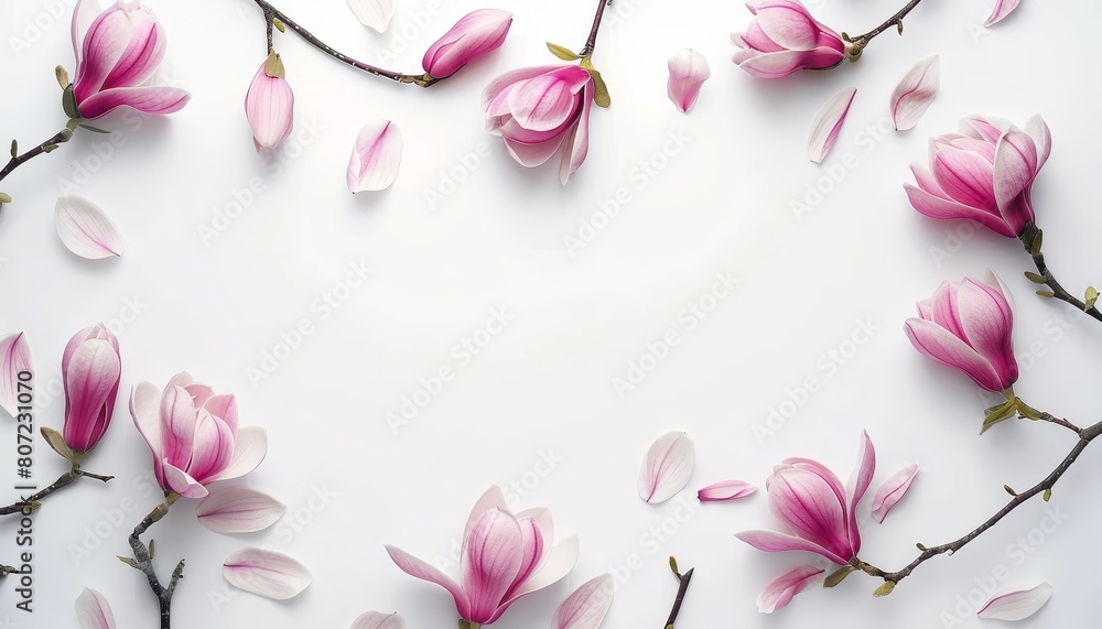 Naklejka premium Pink magnolia flowers arranged on a white background Top view with space for text