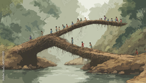 Die Wurzelbrücken von Meghalaya. 30 Jahre lang werden die Wurzeln des Gummibaumes umeinander geflochten, bis eine begehbare Brücke entsteht. Vektor photo