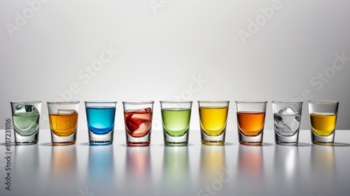  A lineup of colorful shot glasses filled with various flavored liqueurs, ready for a tasting flight 