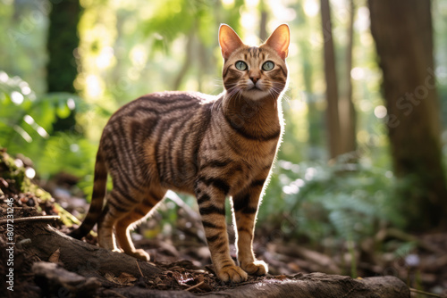 Full-length portrait photography of a smiling havana brown cat back-arching in forest background © Markus Schröder