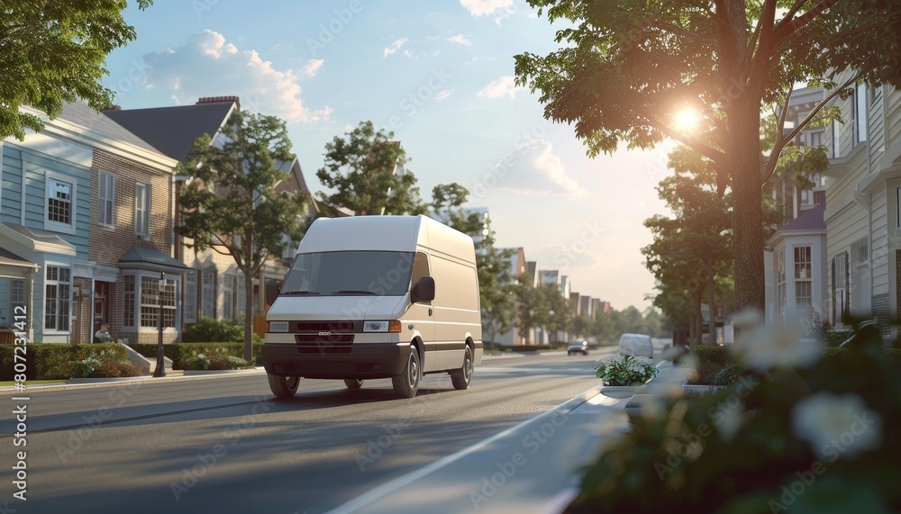 Postal delivery van driving through a suburban town filmed from the front Postal delivery van driving through a suburban town filmed from the front