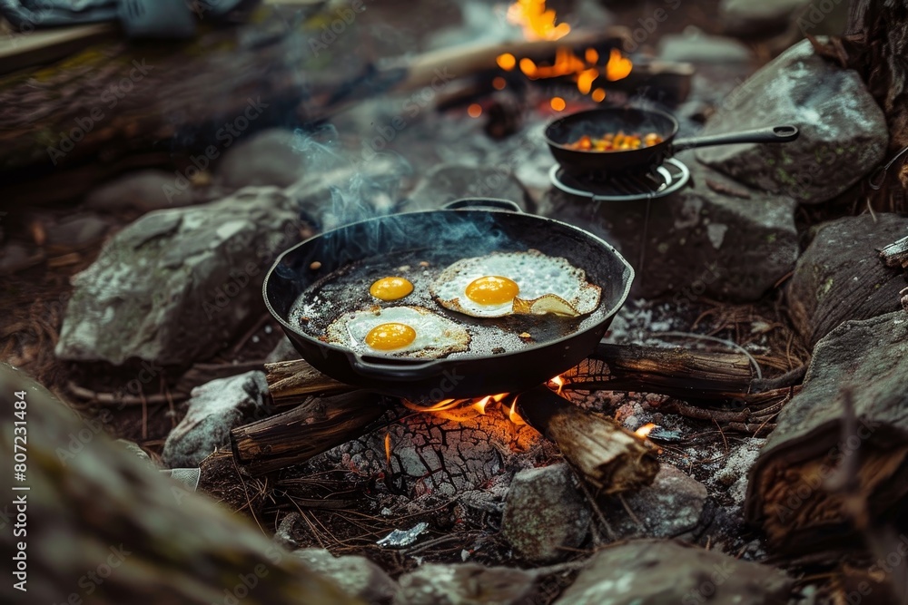 Preparing morning meal at summer camp with campfire